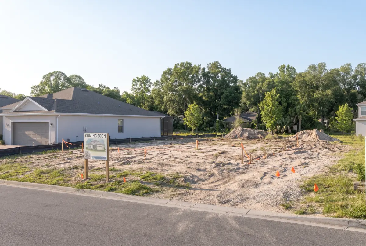 A home being built, from empty lot to finished house