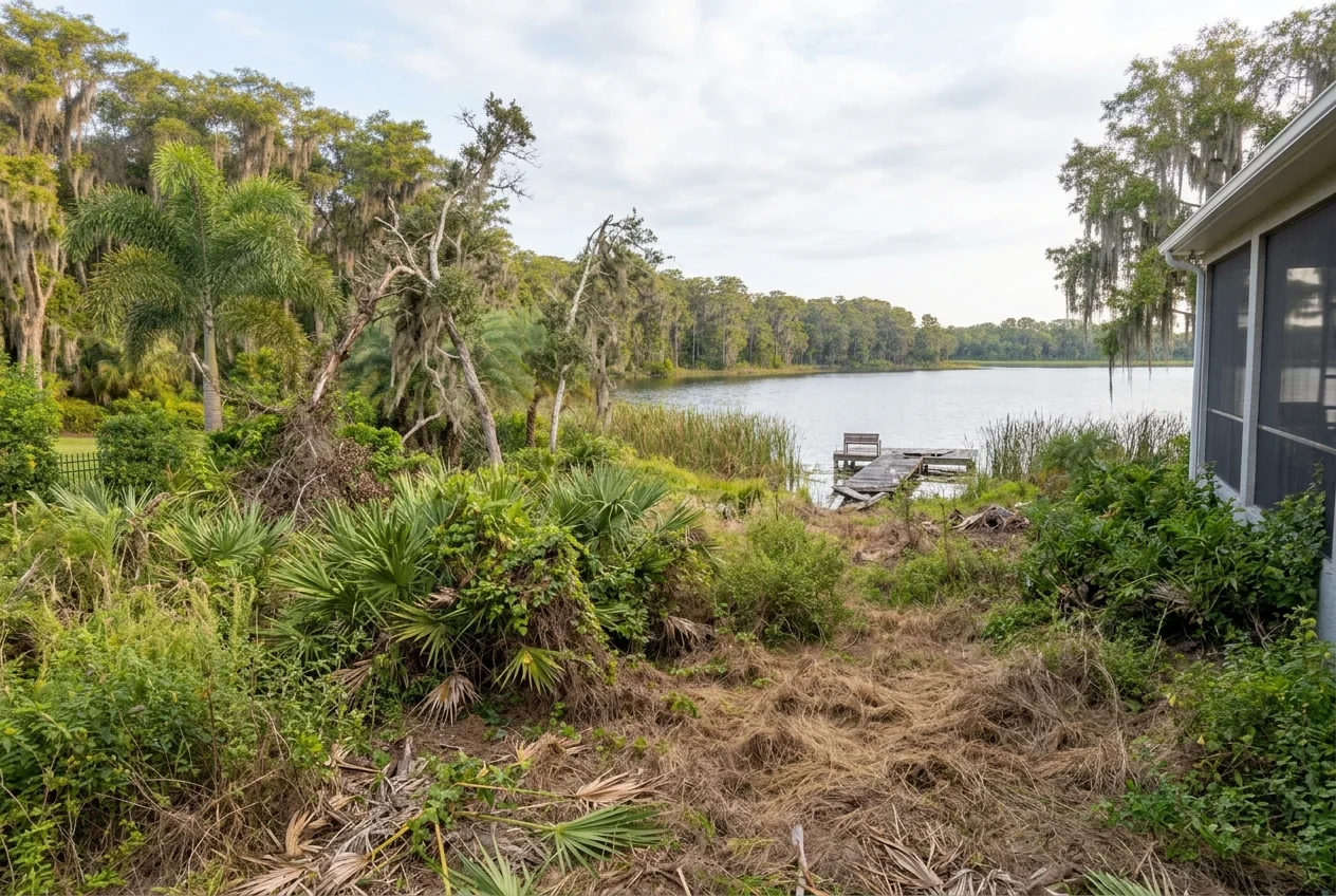 Overgrown lakefront lot with weeds and saw palmetto