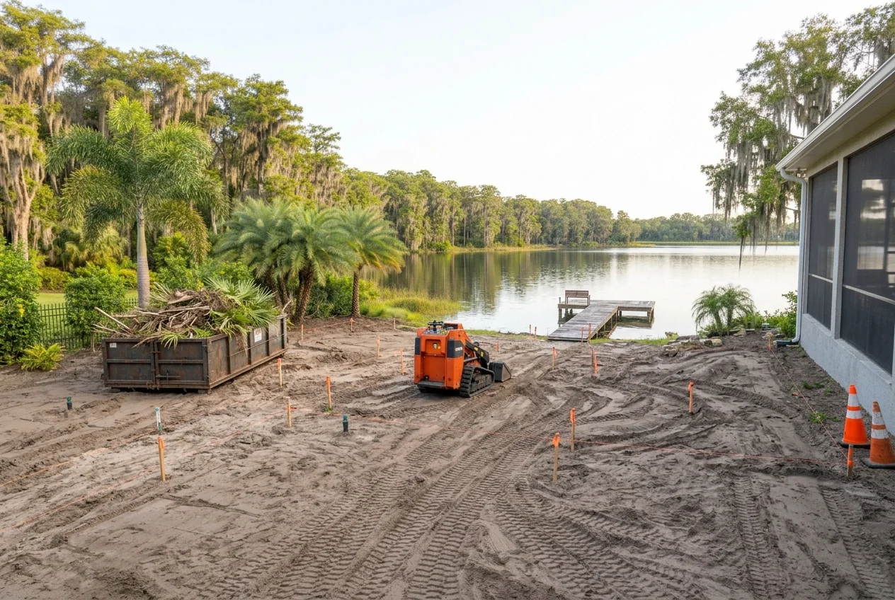 Cleared lakefront yard with grading equipment, survey stakes and removed vegetation