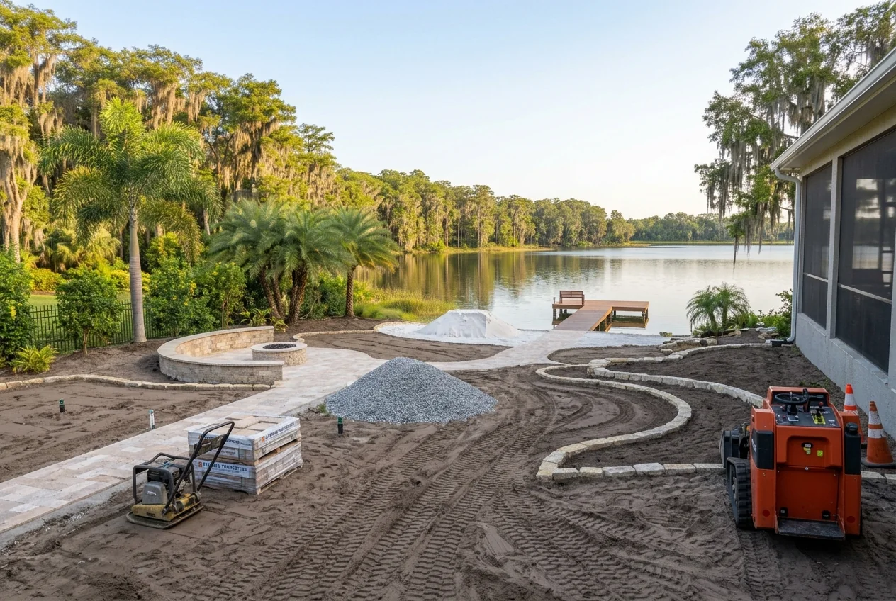 Lakefront yard with a paver path, stone fire pit and sand beach under construction