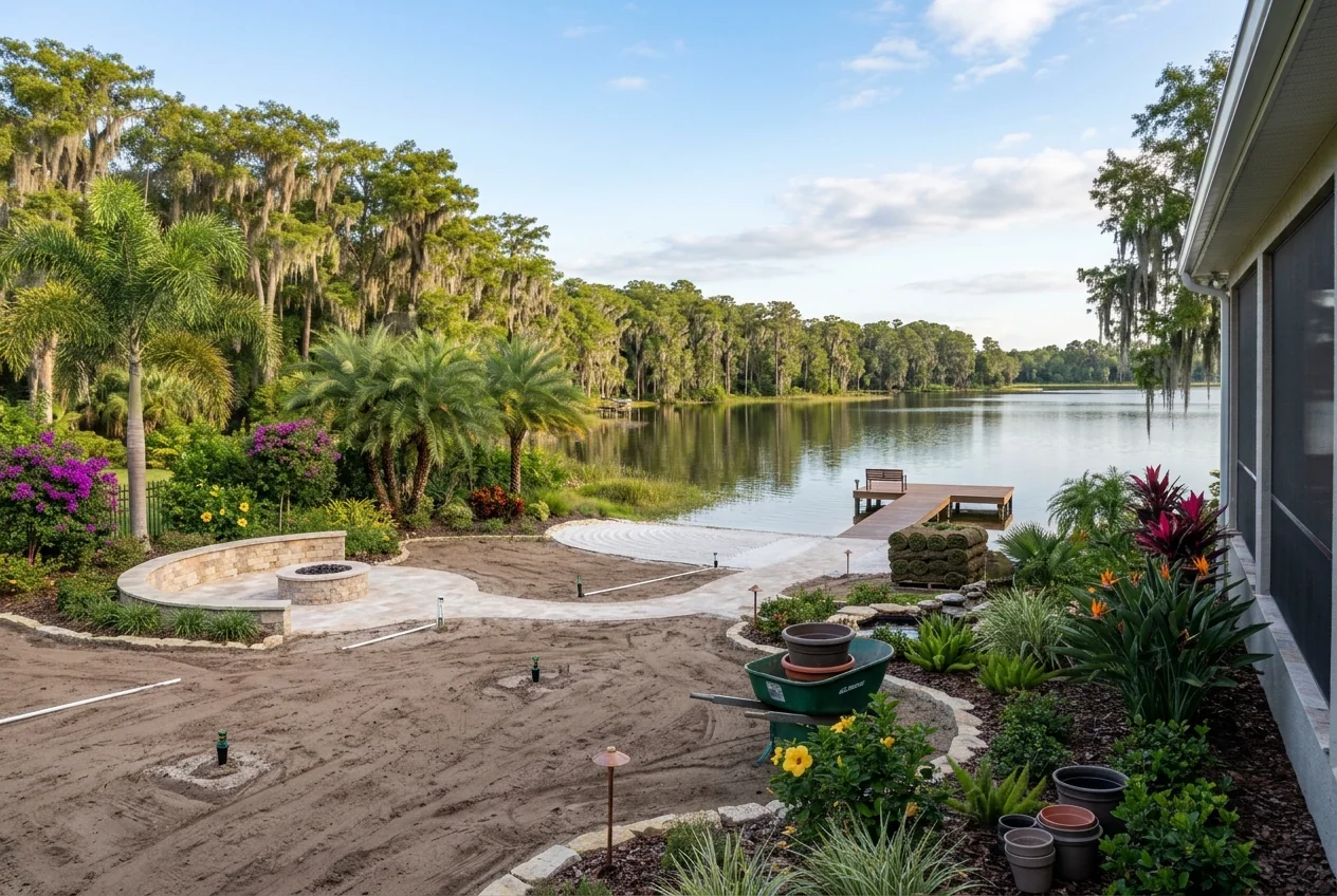 Tropical planting beds and irrigation lines installed around the lakefront path and fire pit