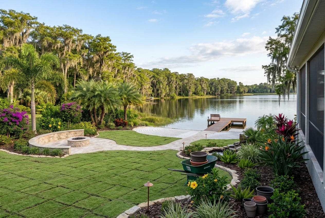 Fresh sod being laid around the fire pit, tropical planting and private sand beach