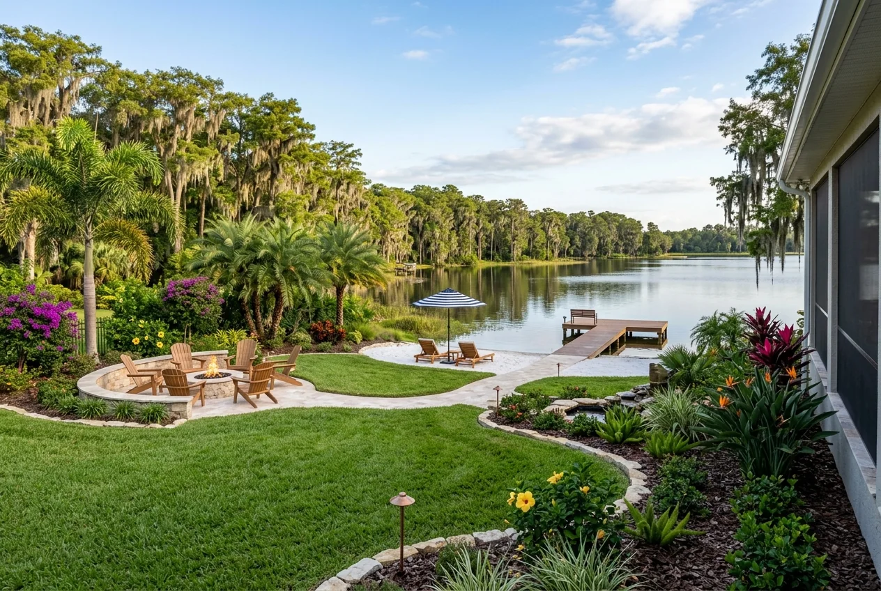 Finished Florida backyard with fire pit, sand beach and dock on the lake