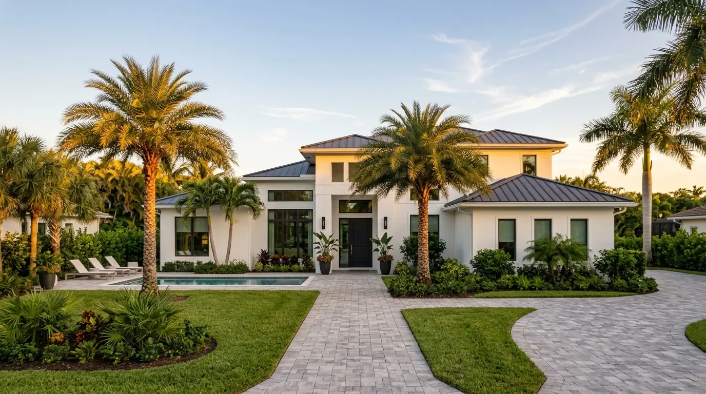 Modern white Florida home with palm trees, a pool and a paver driveway at golden hour