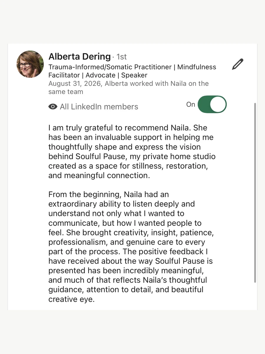 Original LinkedIn recommendation from Alberta Dering