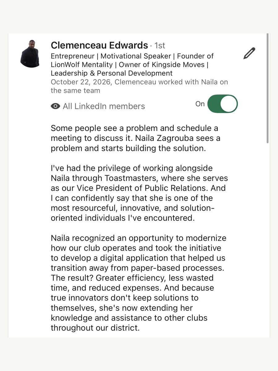 Original LinkedIn recommendation from Clemenceau Edwards